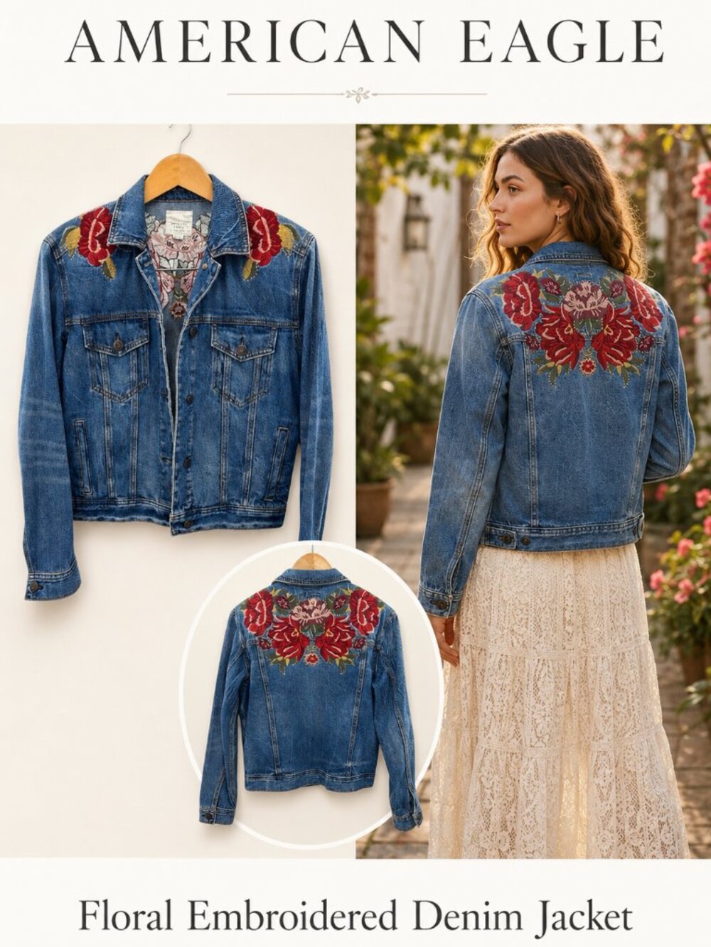 American Eagle Floral Embroidered Denim Jacket Blue Trucker Boho Size S